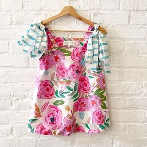 Brooke‎ Wright Designs || Tie Shoulder Floral Top Contrast Tank Pink XS